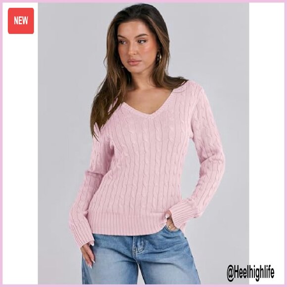 Slim Fit Cable Knit V-Neck Sweater Long Sleeve Pullover Business Casual - Picture 3 of 8